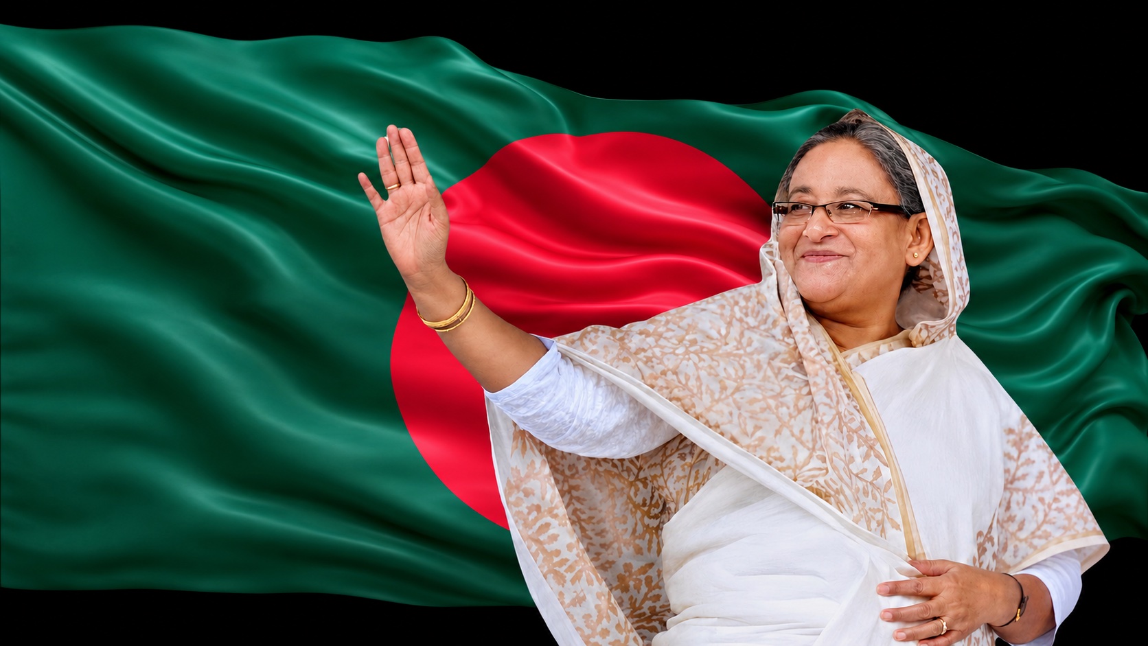 Sheikh Hasina waving in front of the Bangladesh flag